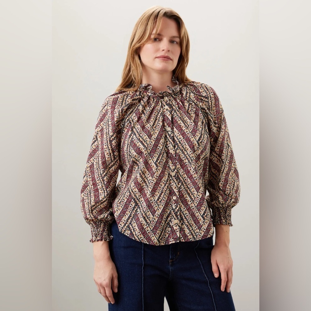 Veronica Beard Calisto Button Down Feminine Ruffle Collar Smocked Cuff Shirt XL